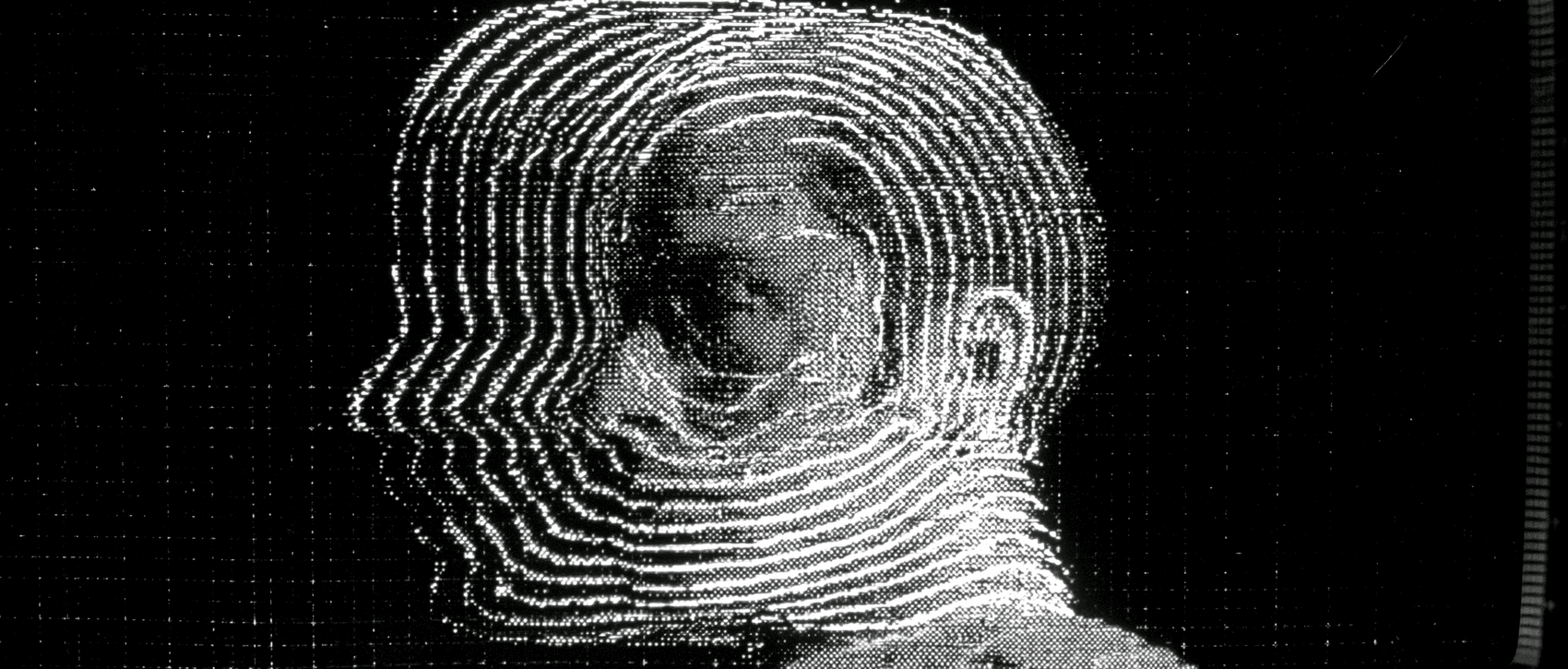 Dithered portrait ringed by concentric contour lines
