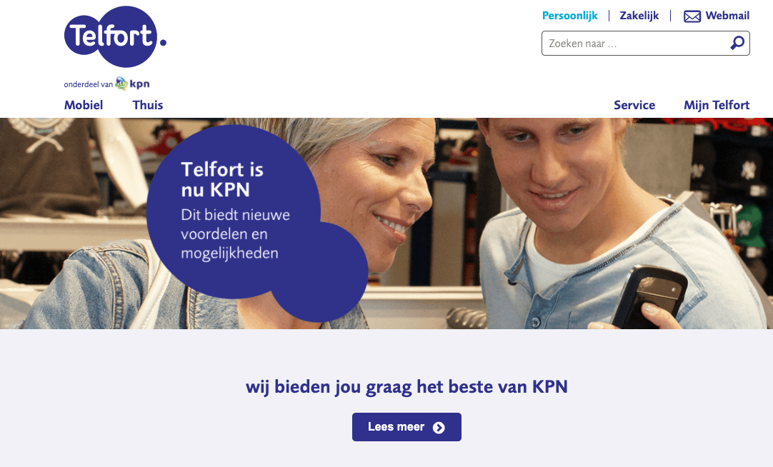 Screenshot van Telfort homepagina.