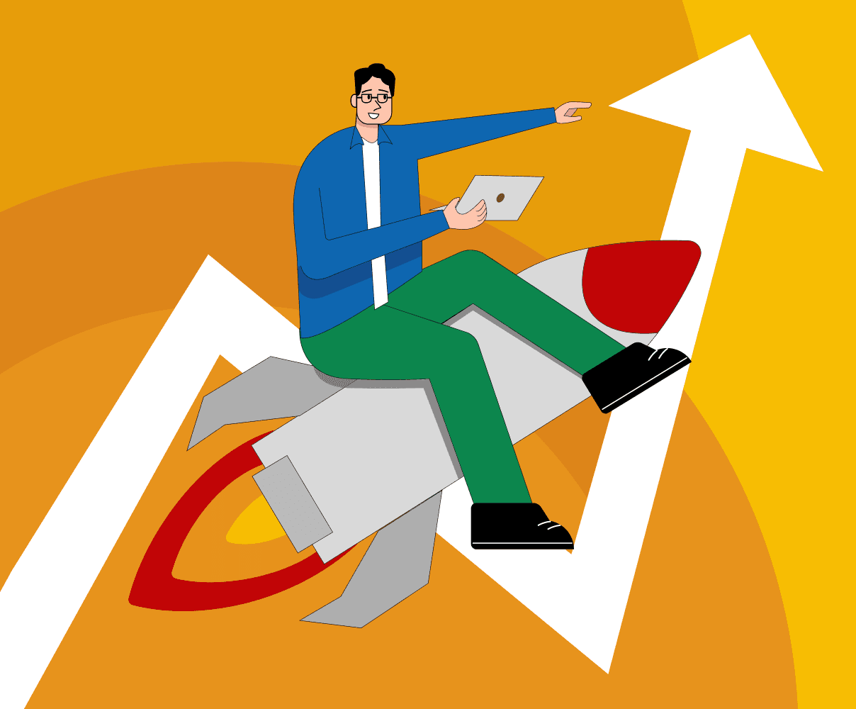 Illustration of a startup founder riding a rocket upward, symbolizing early-stage B2B growth and acceleration.