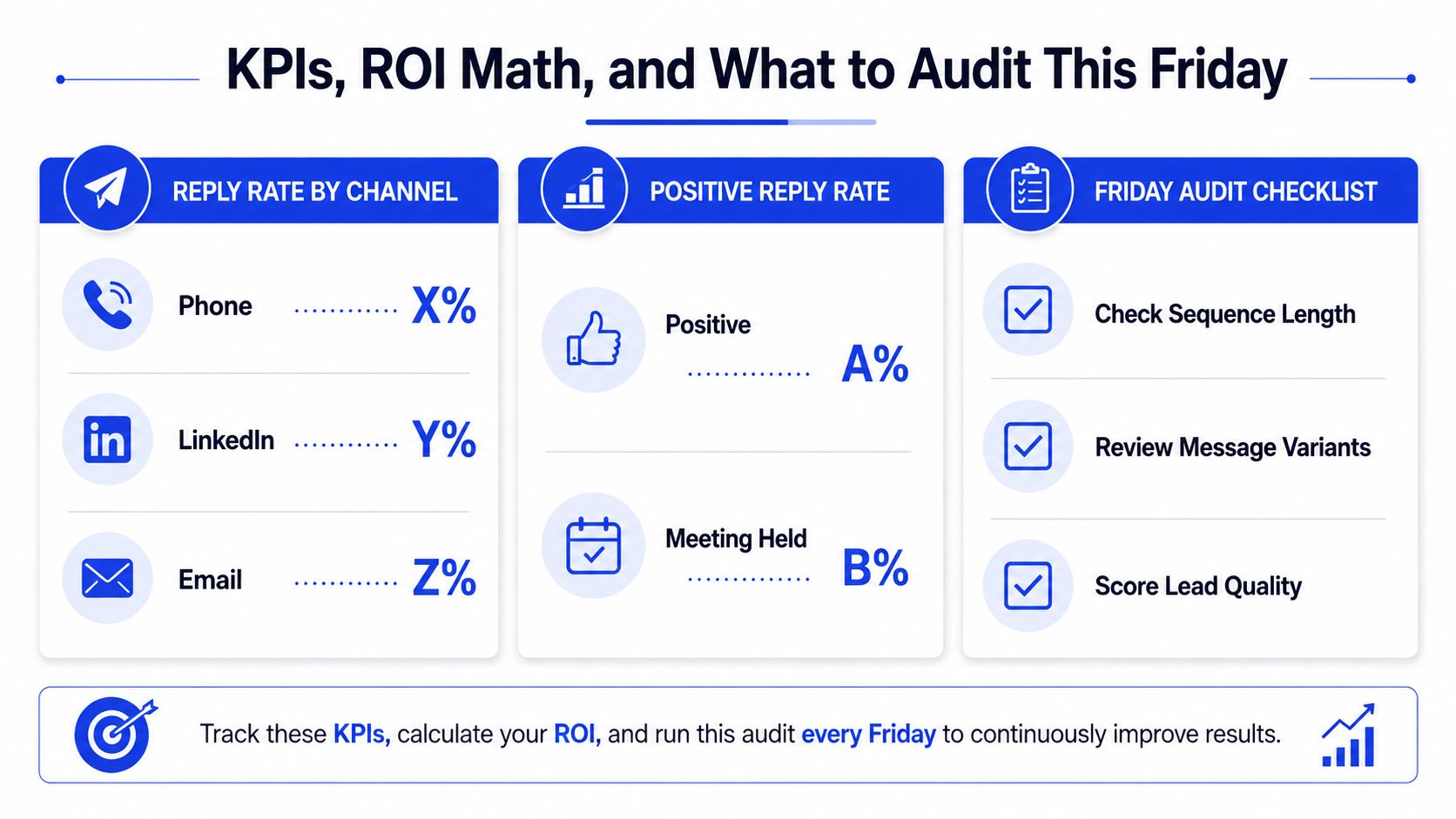 An infographic outlining key sales performance indicators including reply rates, meeting rates, and a Friday audit checklist.
