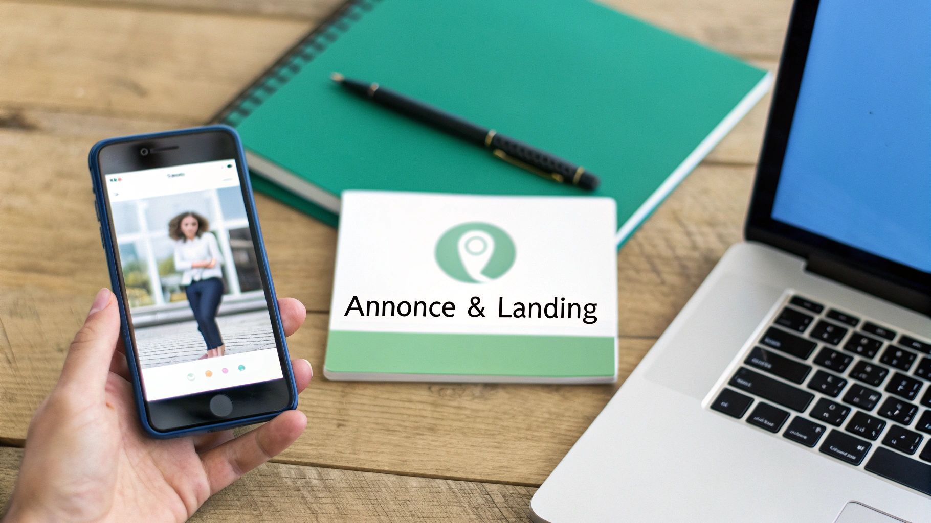 Une main tient un smartphone affichant une femme, un cahier, un dépliant 'Annonce & Landing' et un ordinateur portable sur un bureau.