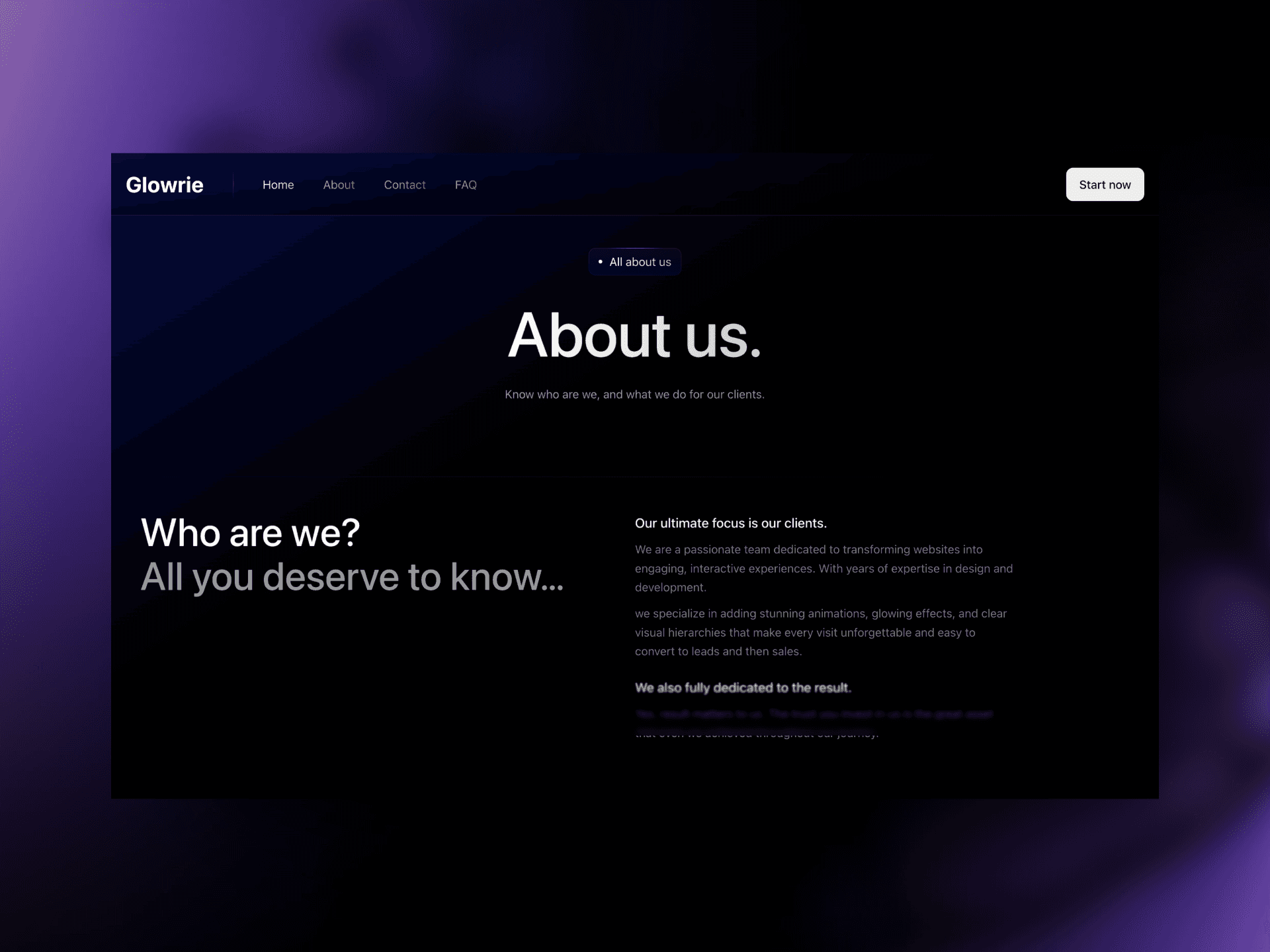 Glowrie, a premium template in Framerstacks for portfolio, agencies, and Saas. This is the about us page of the website template.