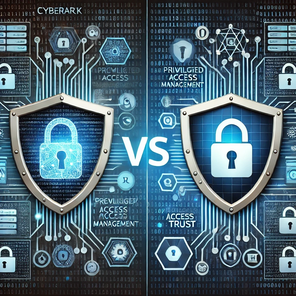 An image comparing two cybersecurity solutions: CyberArk and BeyondTrust. The illustration features two digital shields with padlock icons, each representing the respective PAM (Privileged Access Management) capabilities of CyberArk and BeyondTrust. The design visually contrasts the different approaches and features offered by these two leading providers in managing and securing privileged access within organizations.