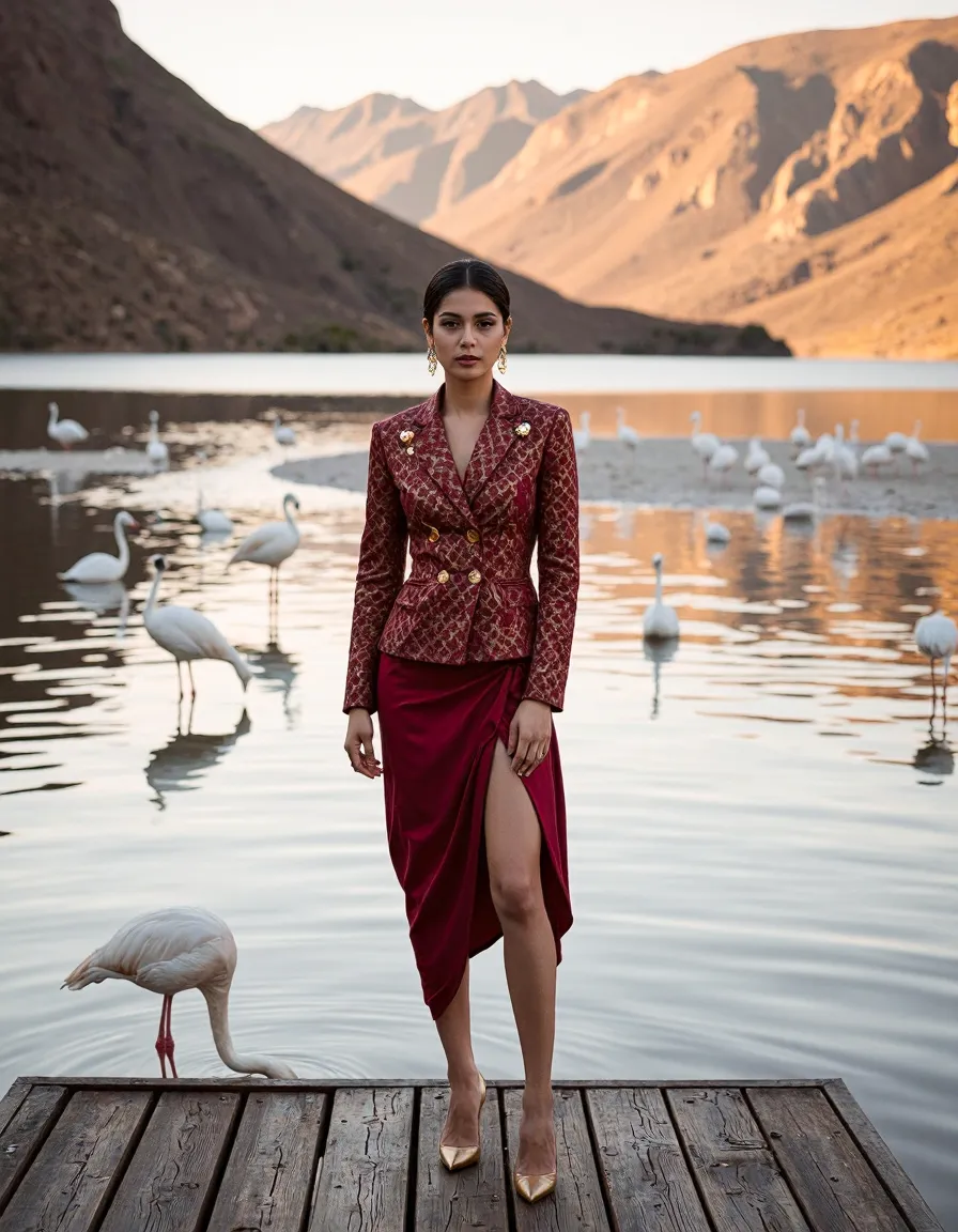 Elegant burgundy outfit with patterned blazer and slit skirt, posed on wooden dock with flamingos at sunset, mountains in background