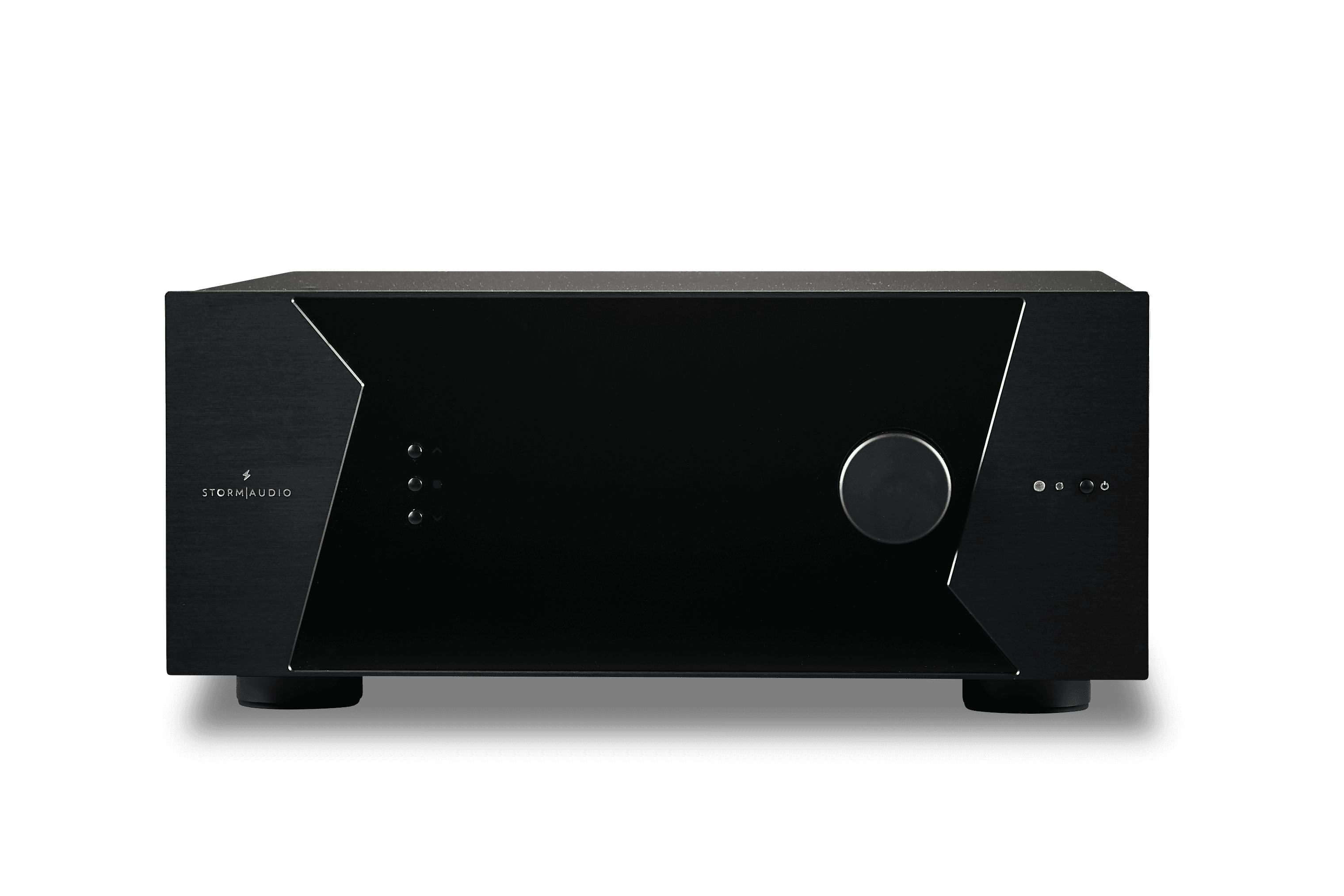 StormAudio amplifier with a black brushed metal finish and dial.