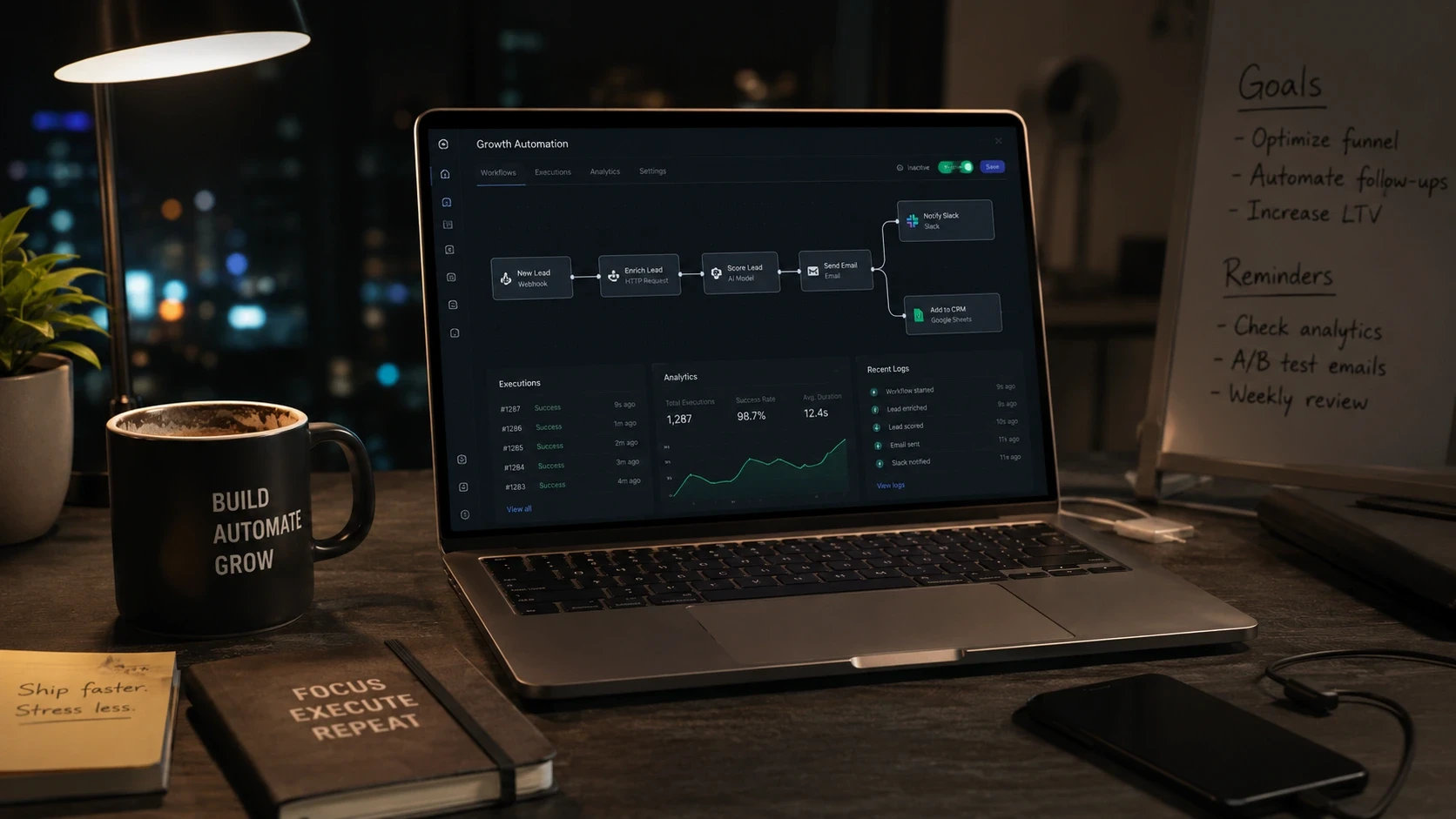 Founder's desk with a laptop running automated workflows while coffee goes cold