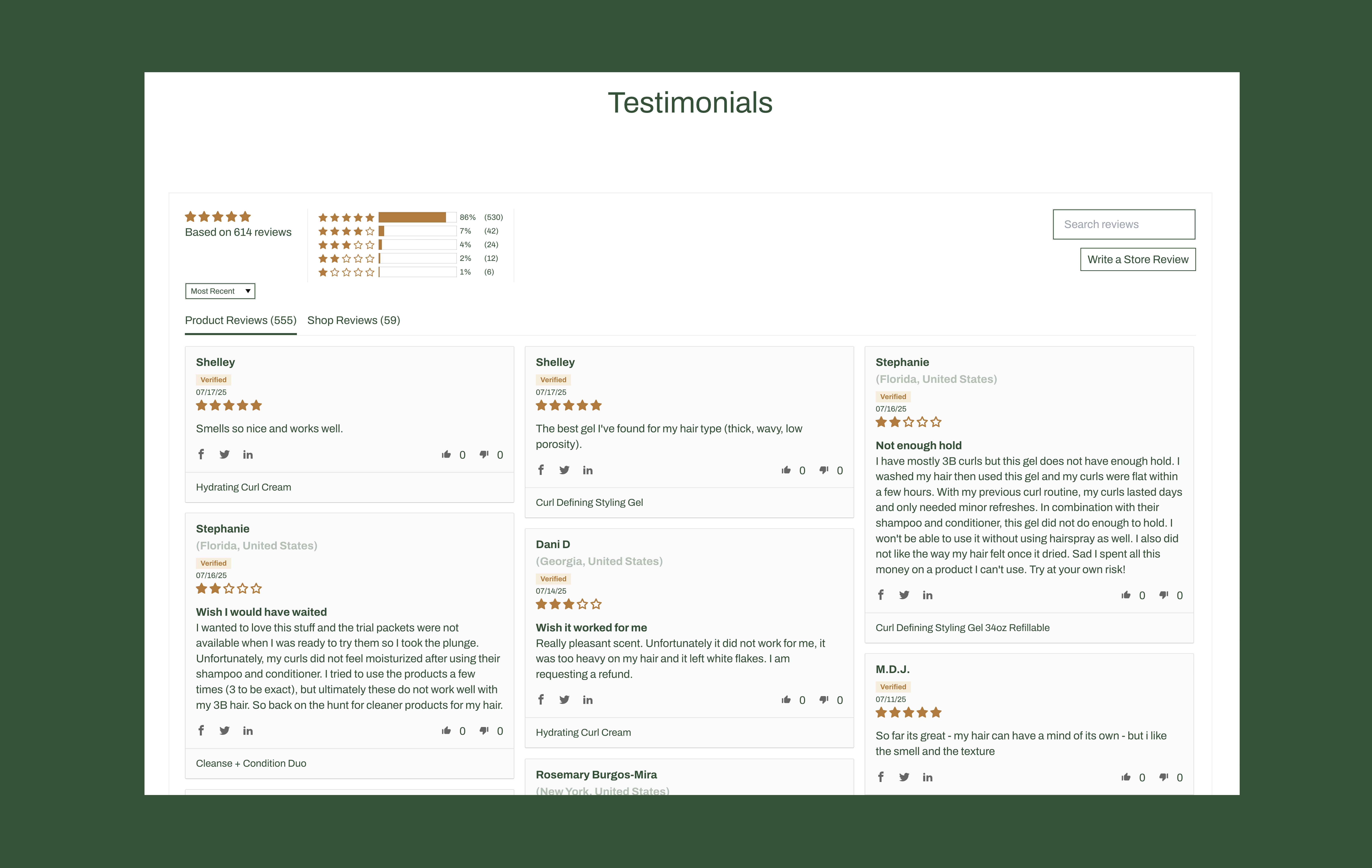 Ocoa testimonial landing page showcasing customer feedback across products