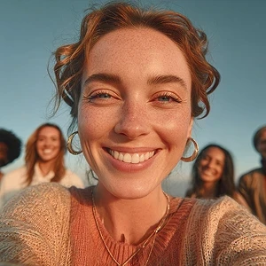 Woman recording a happy moment at sunset.