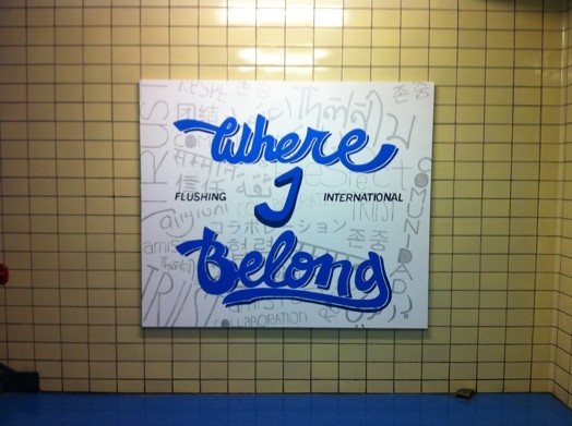 where i belong blue graffiti tag made on a large square paper