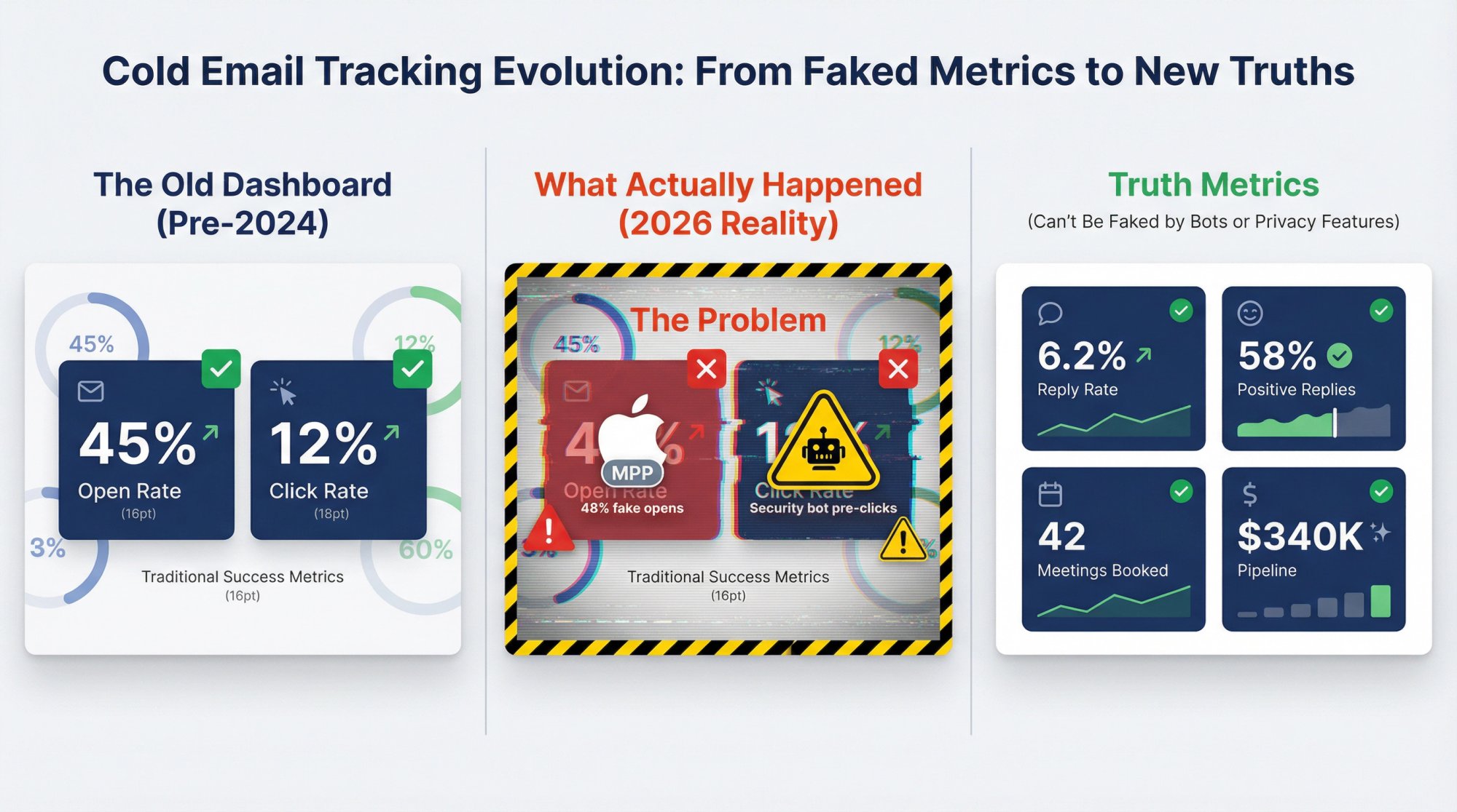 Three-panel comparison showing how Apple MPP and security bots corrupted traditional cold email metrics, contrasting old dashboard reliance on opens/clicks with 2026 truth metrics like replies and meetings