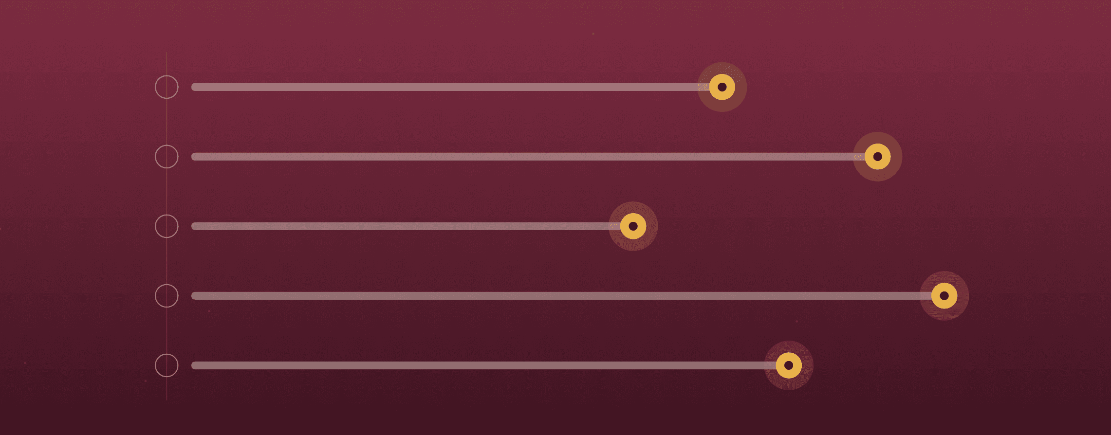 Minimalist diagram on deep burgundy: five stacked question rows, each an open bone circle and a line of varying length ending in a clear gold answer dot — the five questions to ask before you hire a video production company. Raised Media Co.