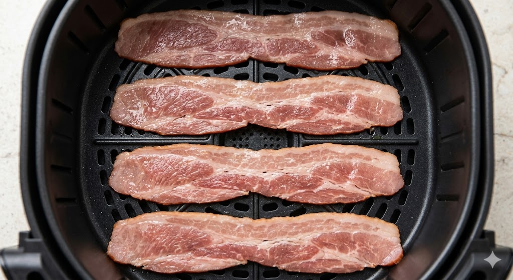 An overhead view showing four strips of raw turkey bacon arranged in a single layer in a black air fryer basket without overlapping.
