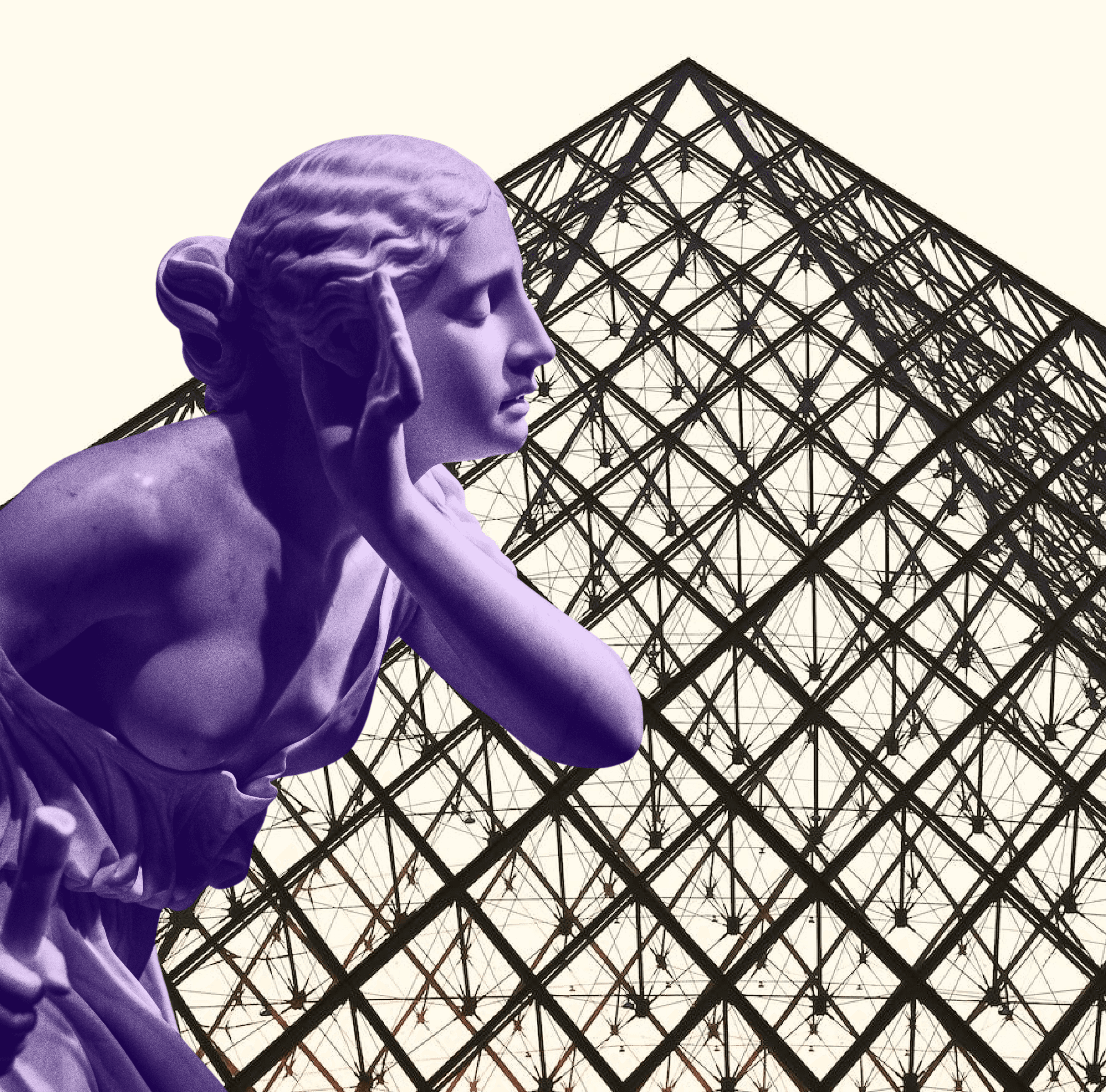 A close up of a statue of a woman, done in a Hellenistic style. The color has been edited so that it is in hues of purple. The background is white and features a large pyramid constructed of beams. The pyramid appears hollow.