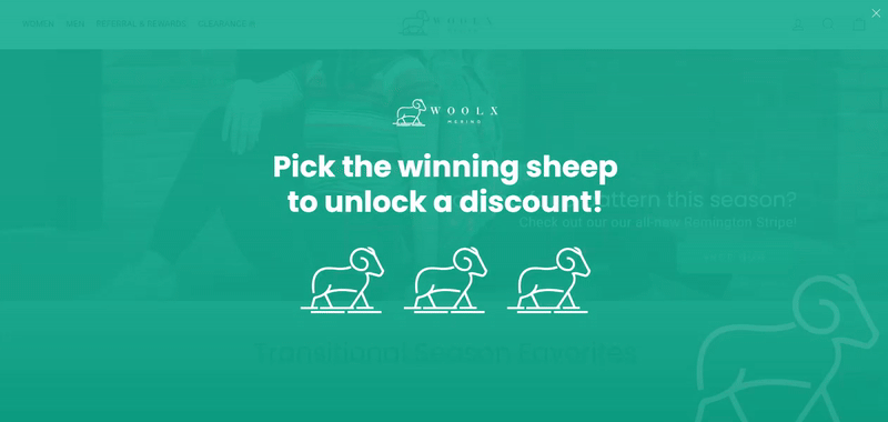 Woolx gamified pick-a-gift full-screen popup with sheep characters