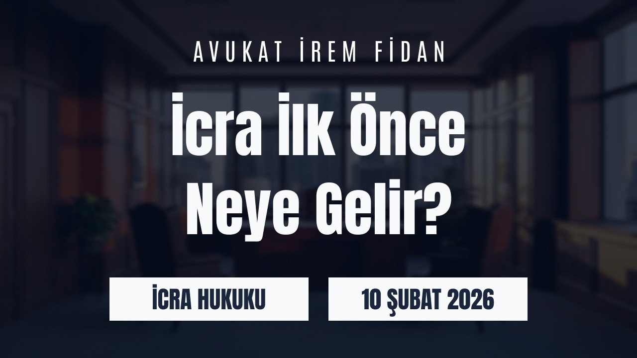 İzmir Bayraklı Avukat İrem Fidan hukuk ofisi arka planı üzerine “İcra İlk Önce Neye Gelir? Eve Haciz Şartları” başlığı ve İcra Hukuku kategorisi yazılı web sitesi blog görseli.