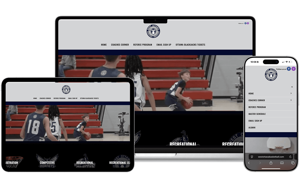 Basketball Website in Desktop, Mobile and Tablet size powered by TeamLinkt.