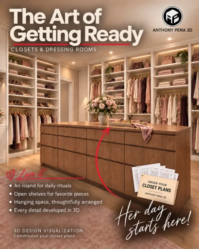 Concept cover of a wood-toned drawer island surrounded by white shelving and hanging bays.
