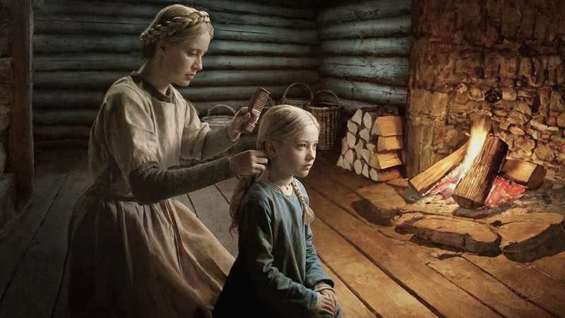 Sacred artwork by Faith and Verse. © Faith and Verse, 2025. All rights reserved. Medieval village interior scene showing a rural mother gently combing her daughter’s hair beside a hearth fire inside a wooden log house, firelight illuminating the room in contrast with the cold darkness beyond, depicting quiet domestic life shaped by faith and daily labor in late medieval Europe.