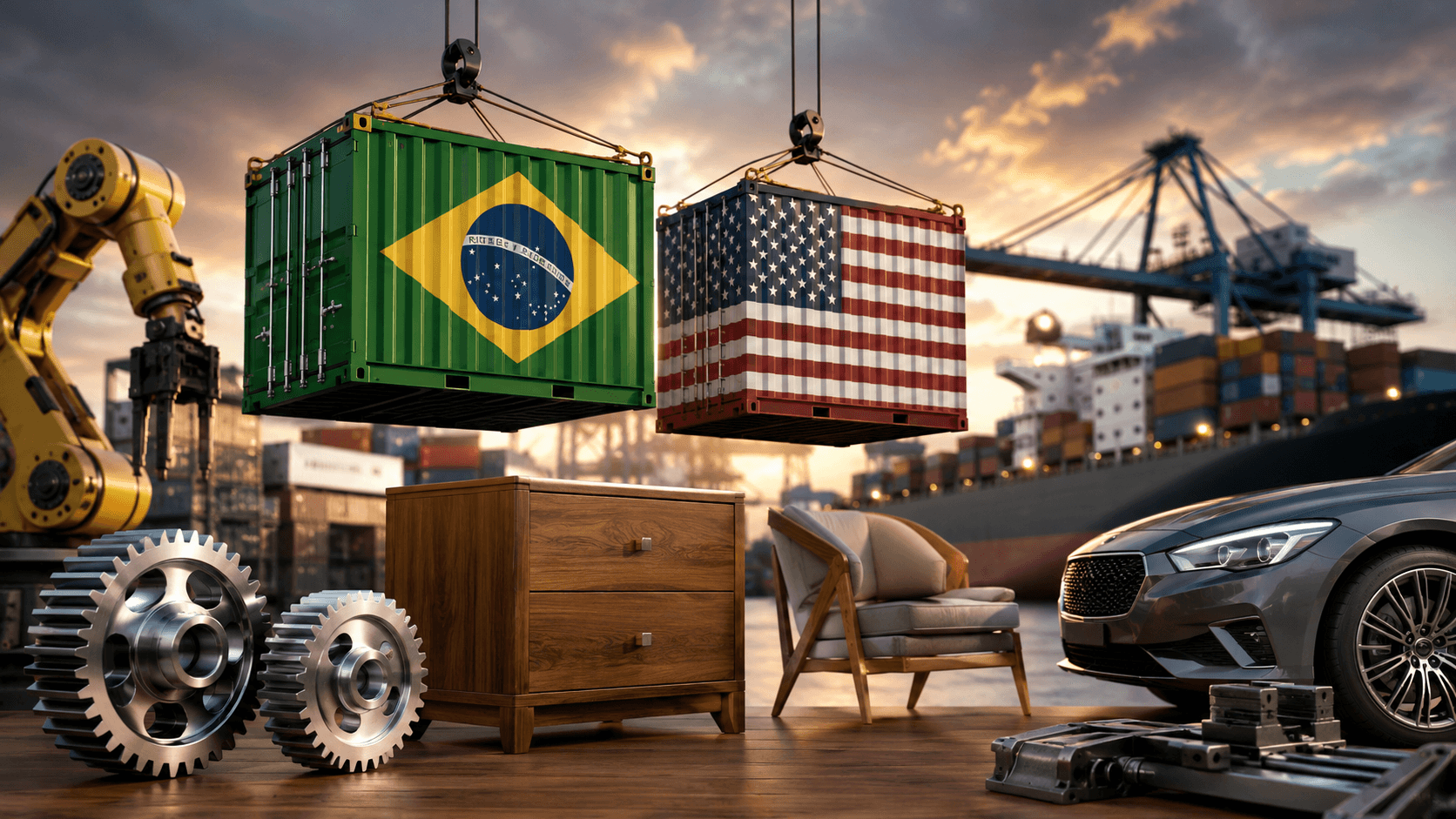 Cena 3D realista de comércio internacional entre Brasil e Estados Unidos em um grande terminal portuário. Dois contêineres suspensos por guindastes exibem as cores e bandeiras dos dois países, simbolizando negociações comerciais. Ao redor, elementos industriais representam os setores impactados: um automóvel moderno, móveis de madeira e metal, engrenagens, componentes mecânicos e um braço robótico industrial. Ao fundo, navio cargueiro, contêineres empilhados e infraestrutura portuária reforçam o contexto de exportação e importação. Iluminação cinematográfica ao pôr do sol, alto nível de detalhes, sem pessoas e sem texto.