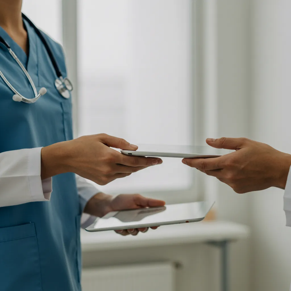 A healthcare worker in scrubs hands a tablet to another person in a medical setting.