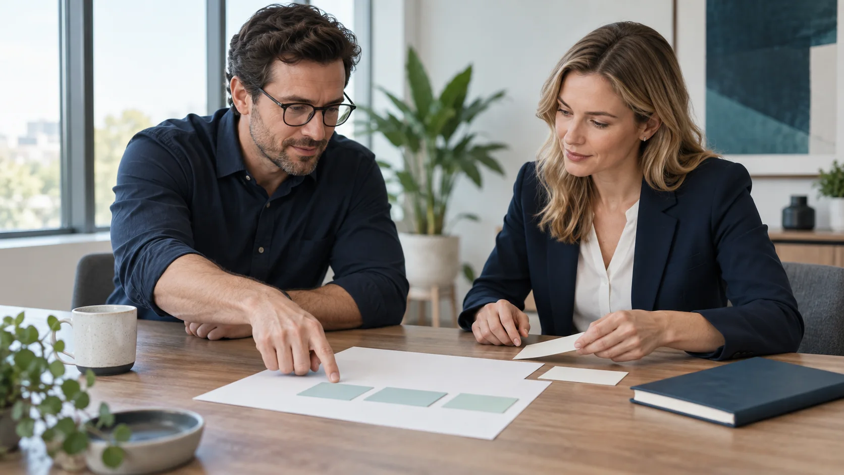 Two professionals organize project materials at a kickoff meeting.
