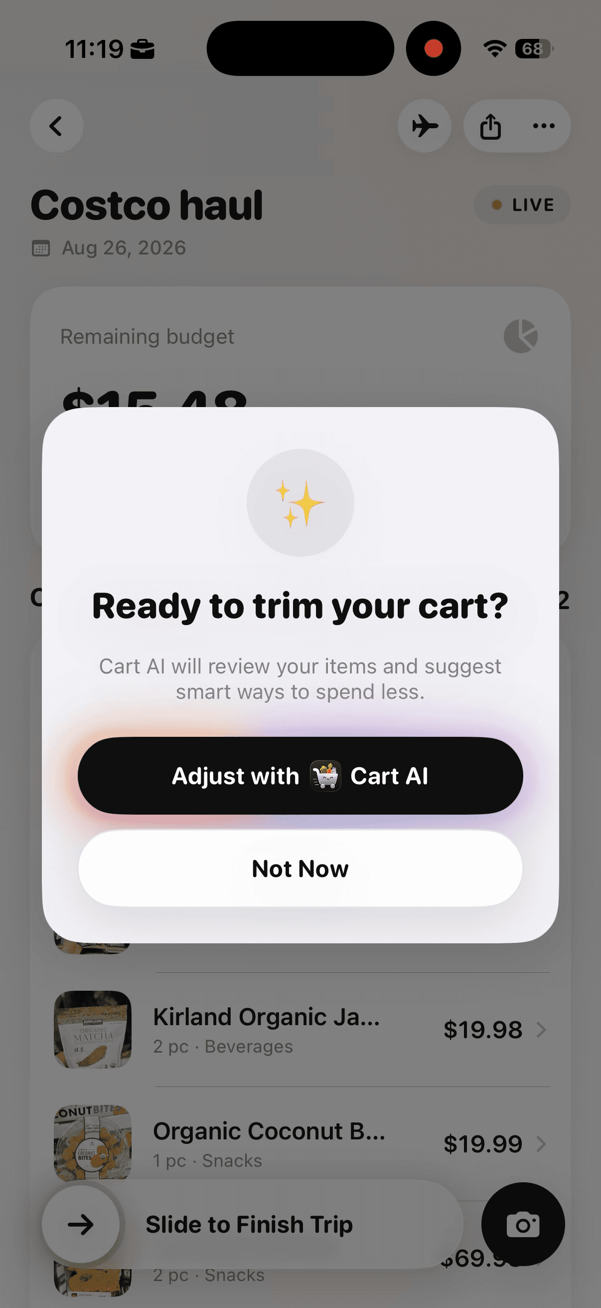 Cart AI confirmation prompt offering to review cart items and suggest smart ways to spend less.
