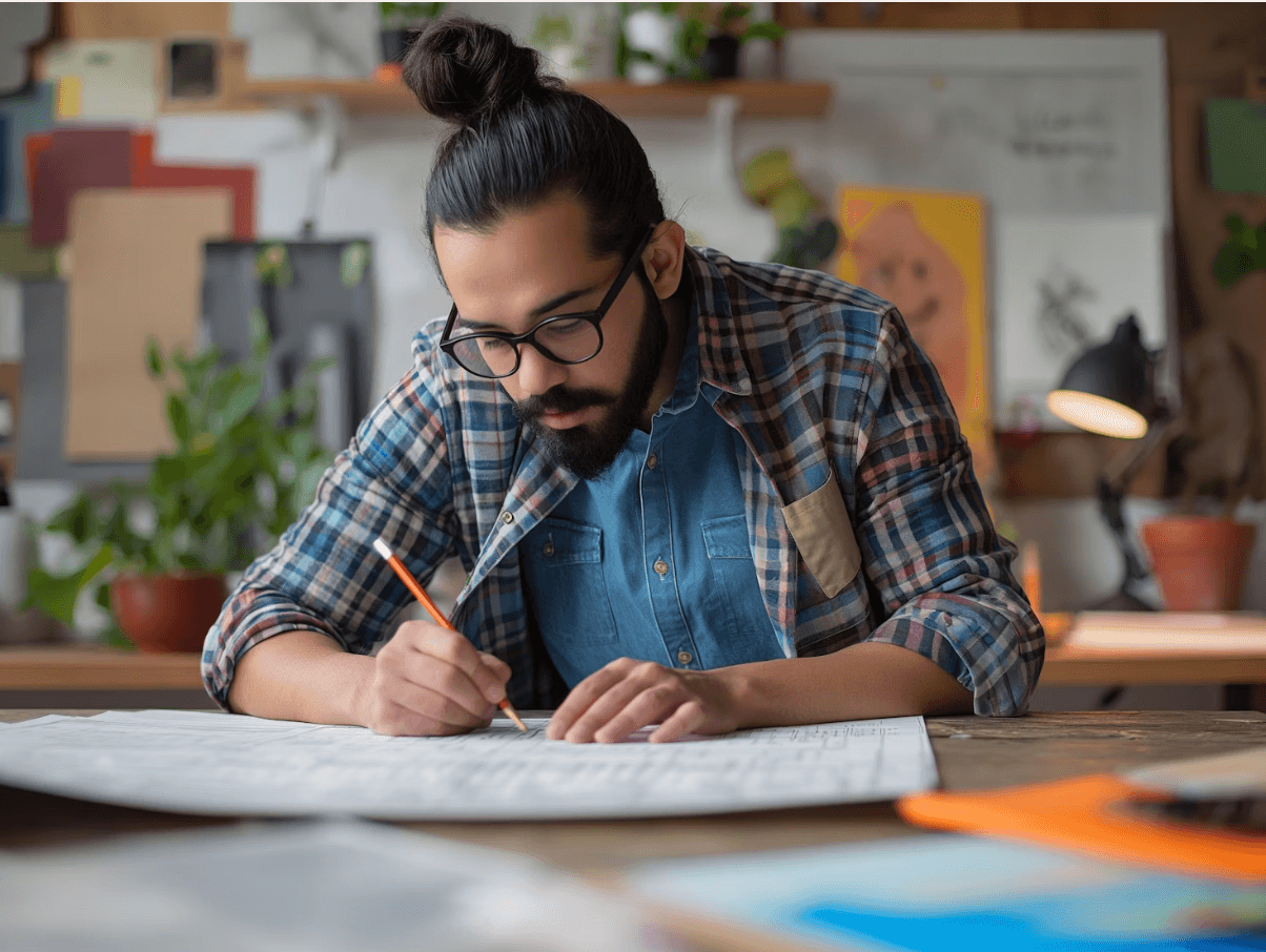 Man working at a desk surrounded by plants