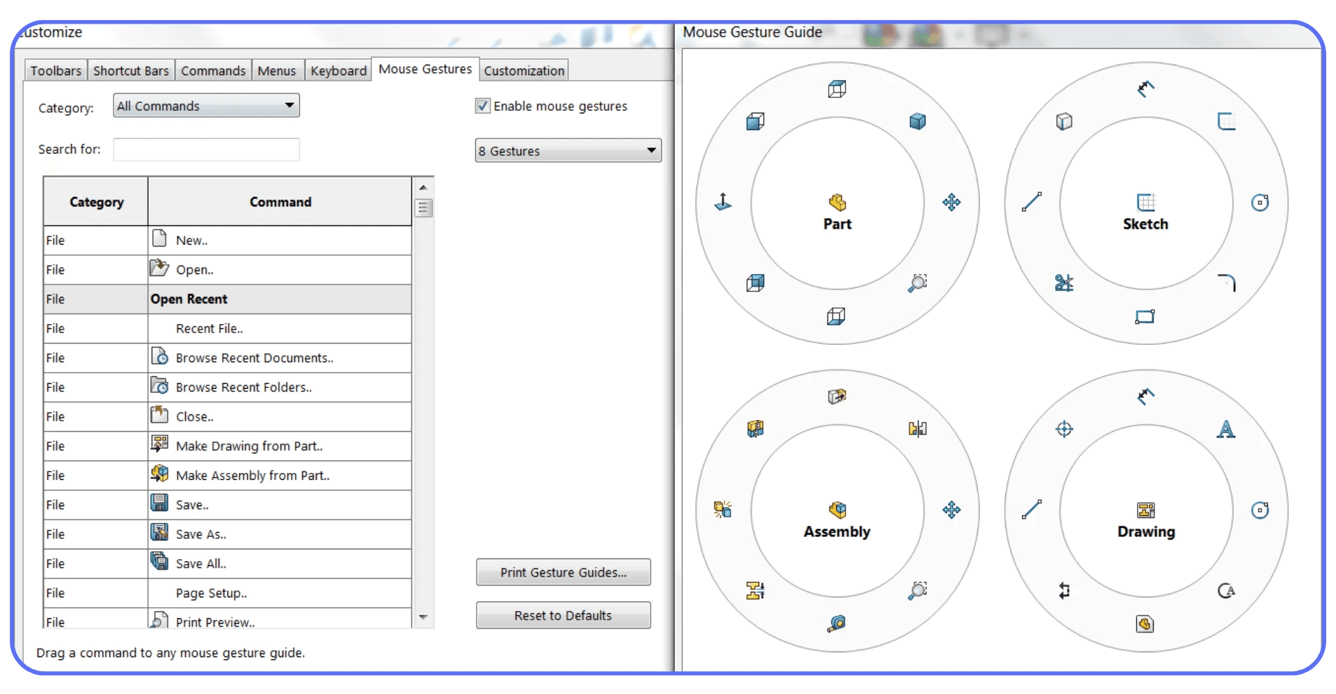 SolidWorks mouse gesture and shortcut customization panel for part, sketch, assembly, and drawing modes
