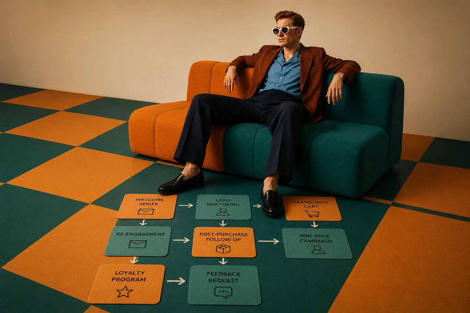 A relaxed marketer with a floor map of automation use cases: welcome series, lead nurturing, abandoned cart, re-engagement, post-purchase follow-up, win-back, loyalty program, and feedback request