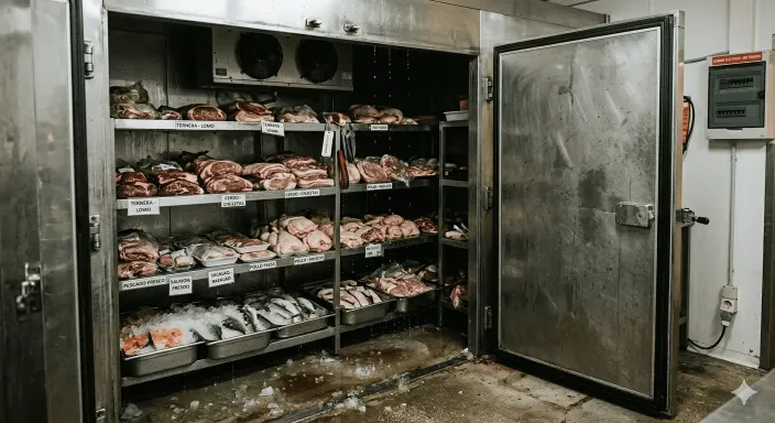 Mercancía y alimentos estropeados en una cámara frigorífica de un restaurante por culpa de un corte de suministro eléctrico.