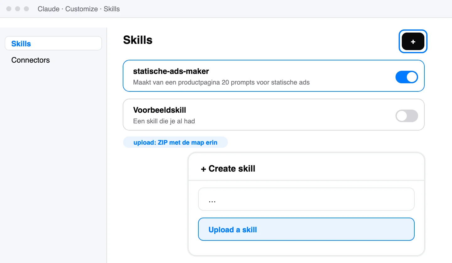 Schematische weergave: Customize > Skills met de knop + en de keuze Upload a skill.