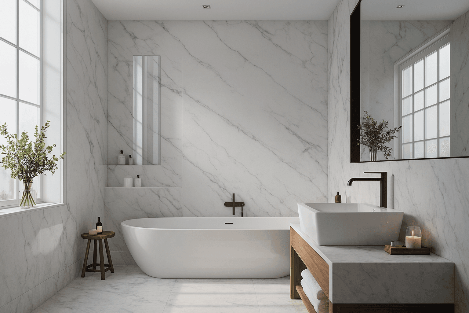 Placa símil mármol blanco con vetas grises.