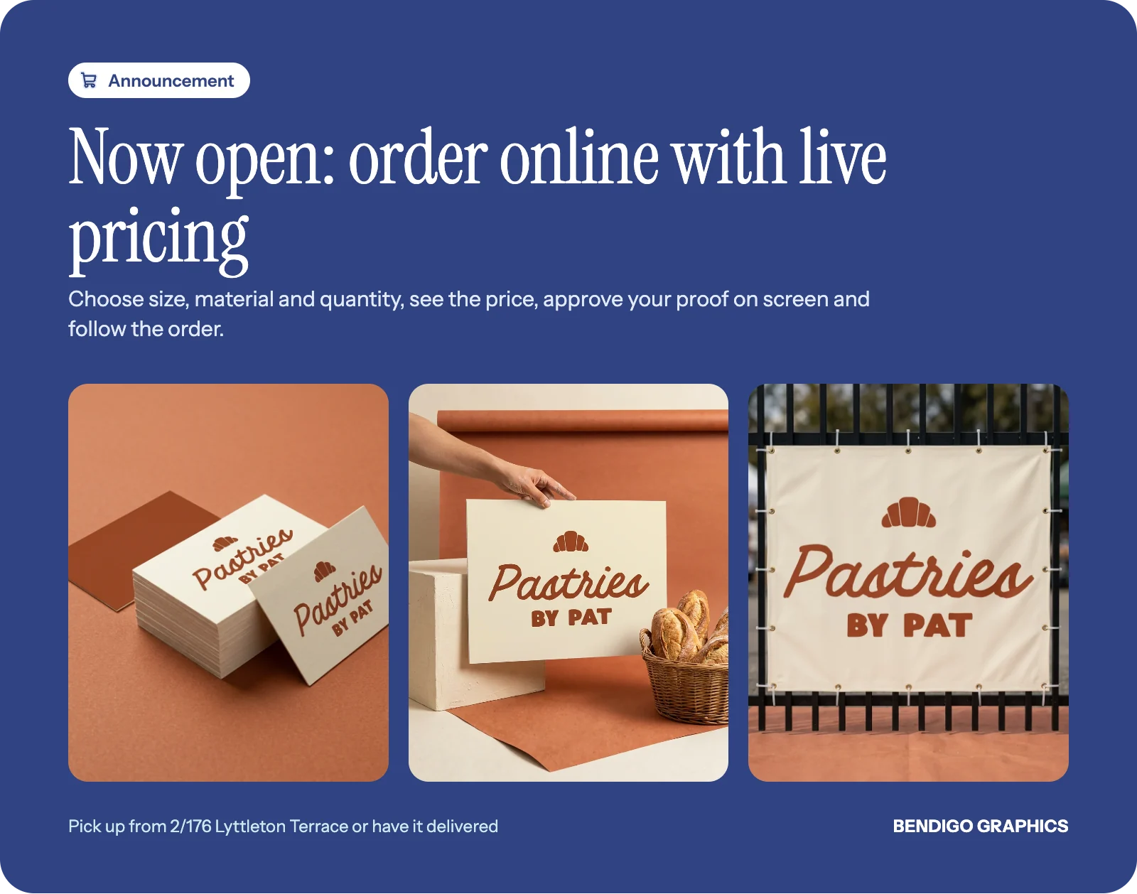 Announcement graphic for ordering online at Bendigo Graphics showing branded business cards, a corflute sign and a vinyl banner.