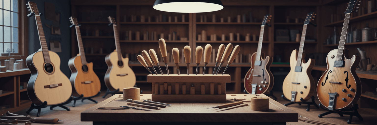 Universal luthier tools on a workbench.