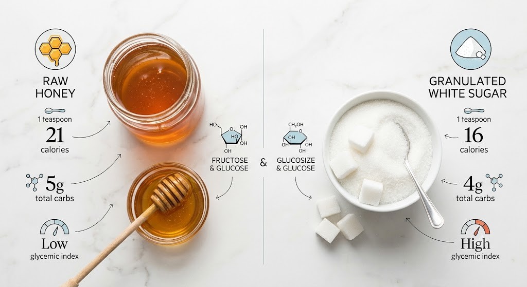 An overhead infographic comparing raw honey and granulated white sugar. On the left, natural honey with a dipper, showing lower glycemic index and specific calorie and carb counts. On the right, white sugar in a bowl with cubes, showing a high glycemic index and its corresponding calorie and carb details. The center illustrates the molecular differences between fructose/glucose and glucoside/glucose. Set on a light marble background.