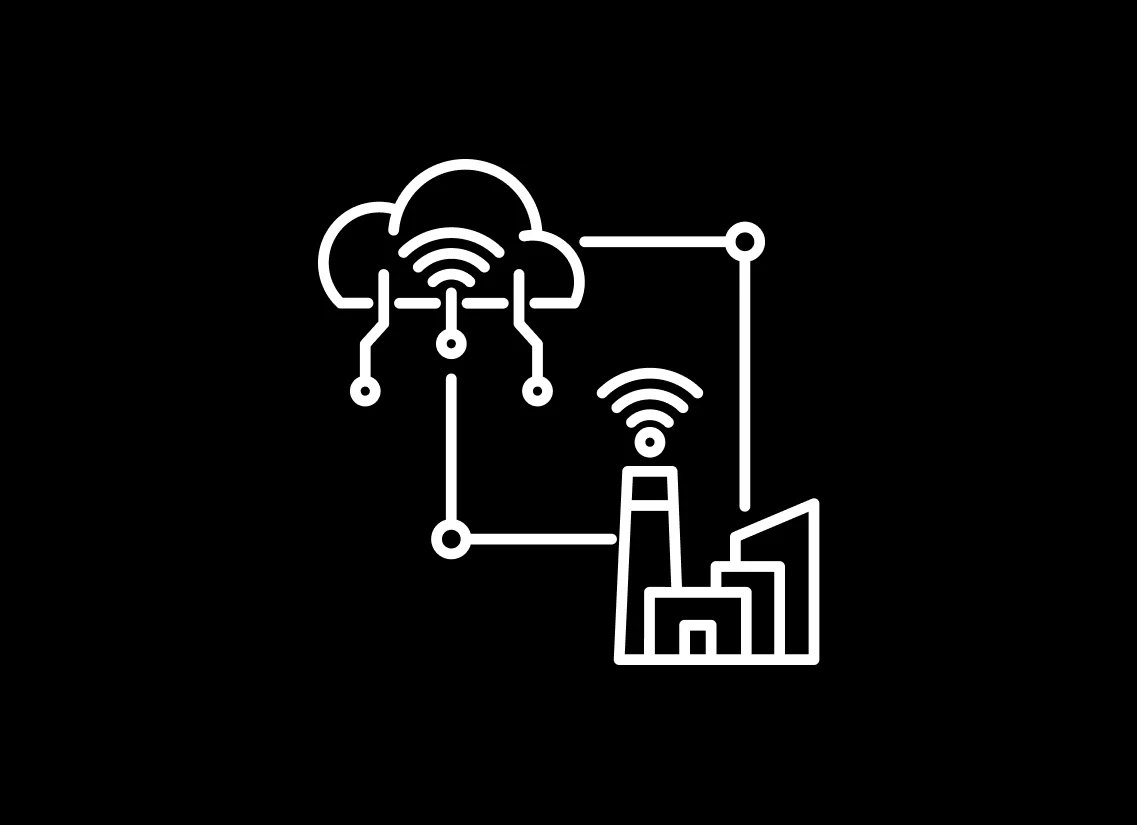White line icon of a square connecting a cloud and a factory, representing IoT digital twins