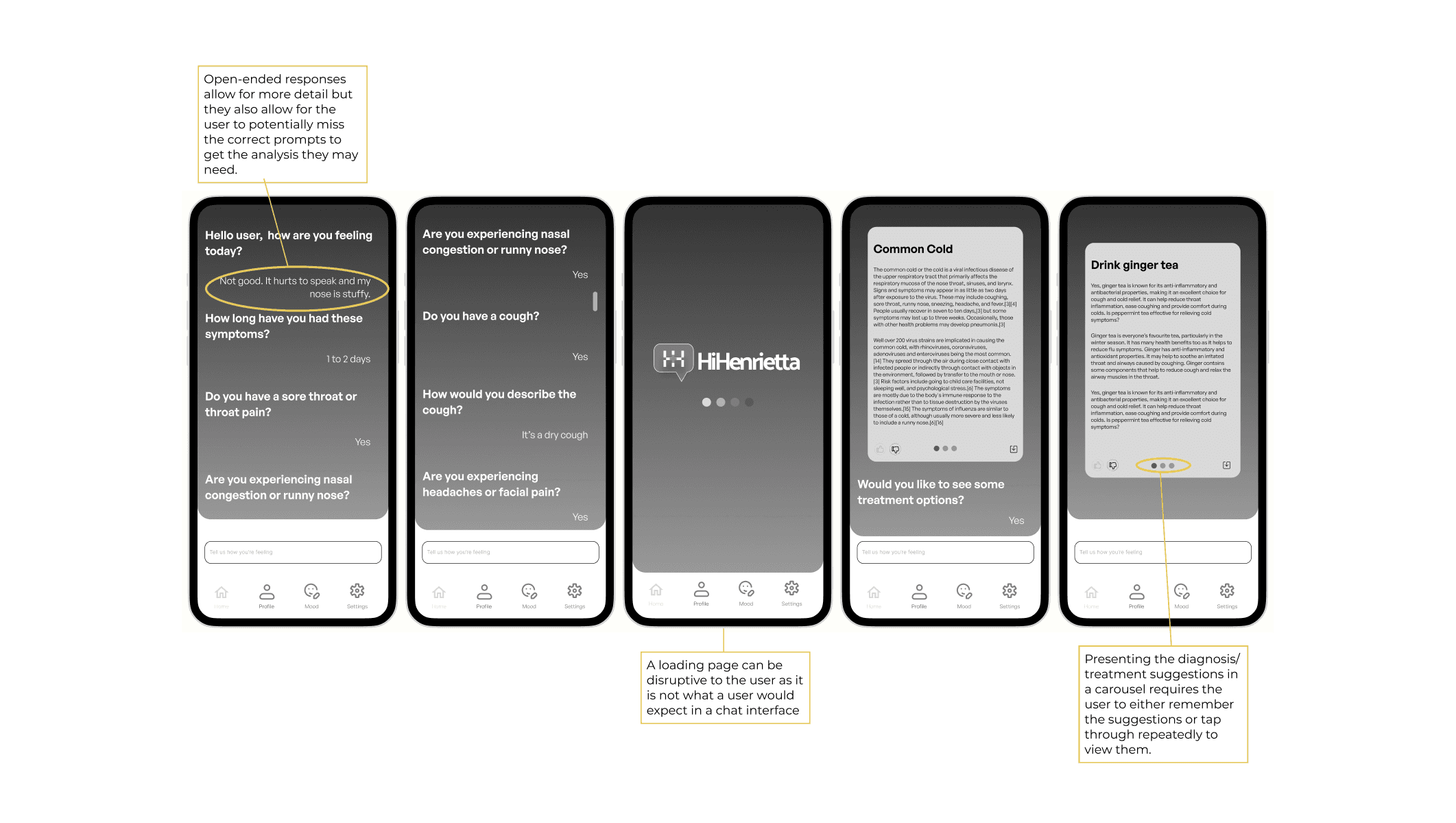 Low fidelity wireframe of the chatbot dialogue, diagnoses suggestions and treatment recommendations.