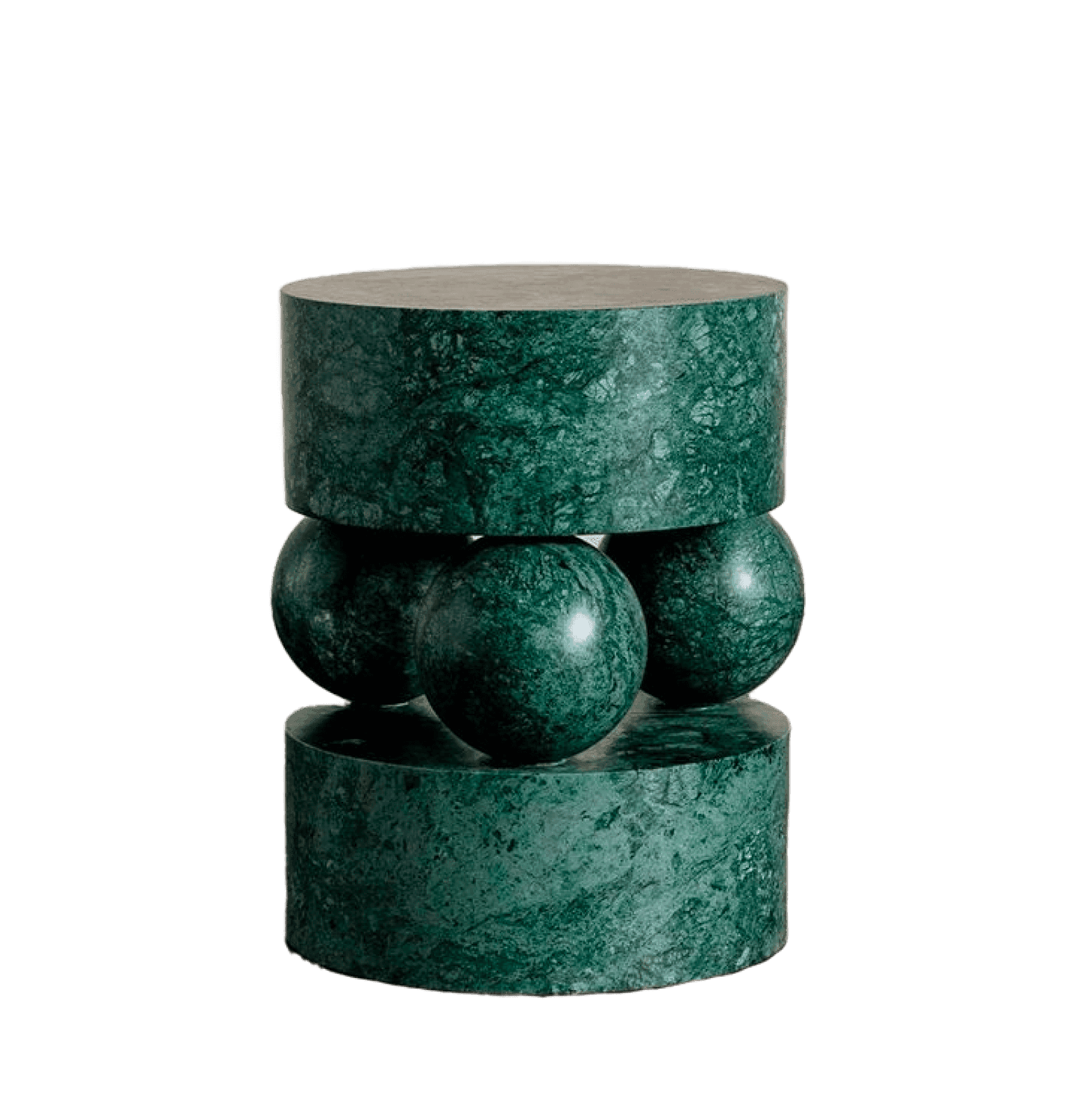 A modern, artistic green marble stool with a striking design featuring a cylindrical top and base connected by a spherical, sculpted midsection.