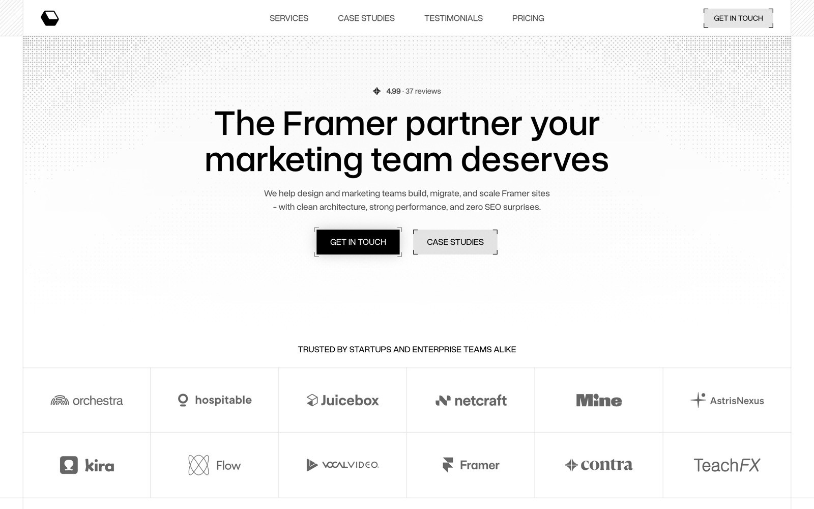 Framer partner website offering services to marketing teams to build, migrate, and scale Framer sites.