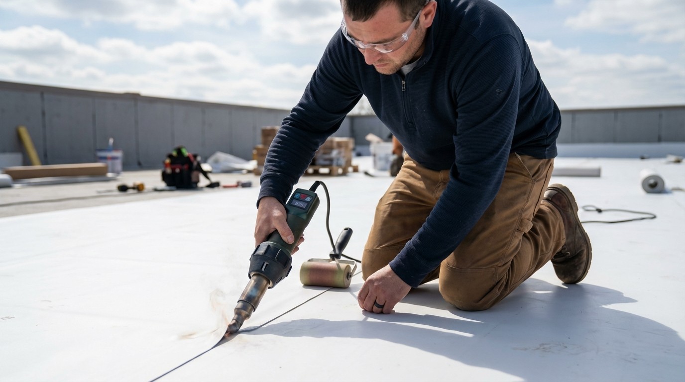 TPO flat roof installation showing heat-welding equipment and process