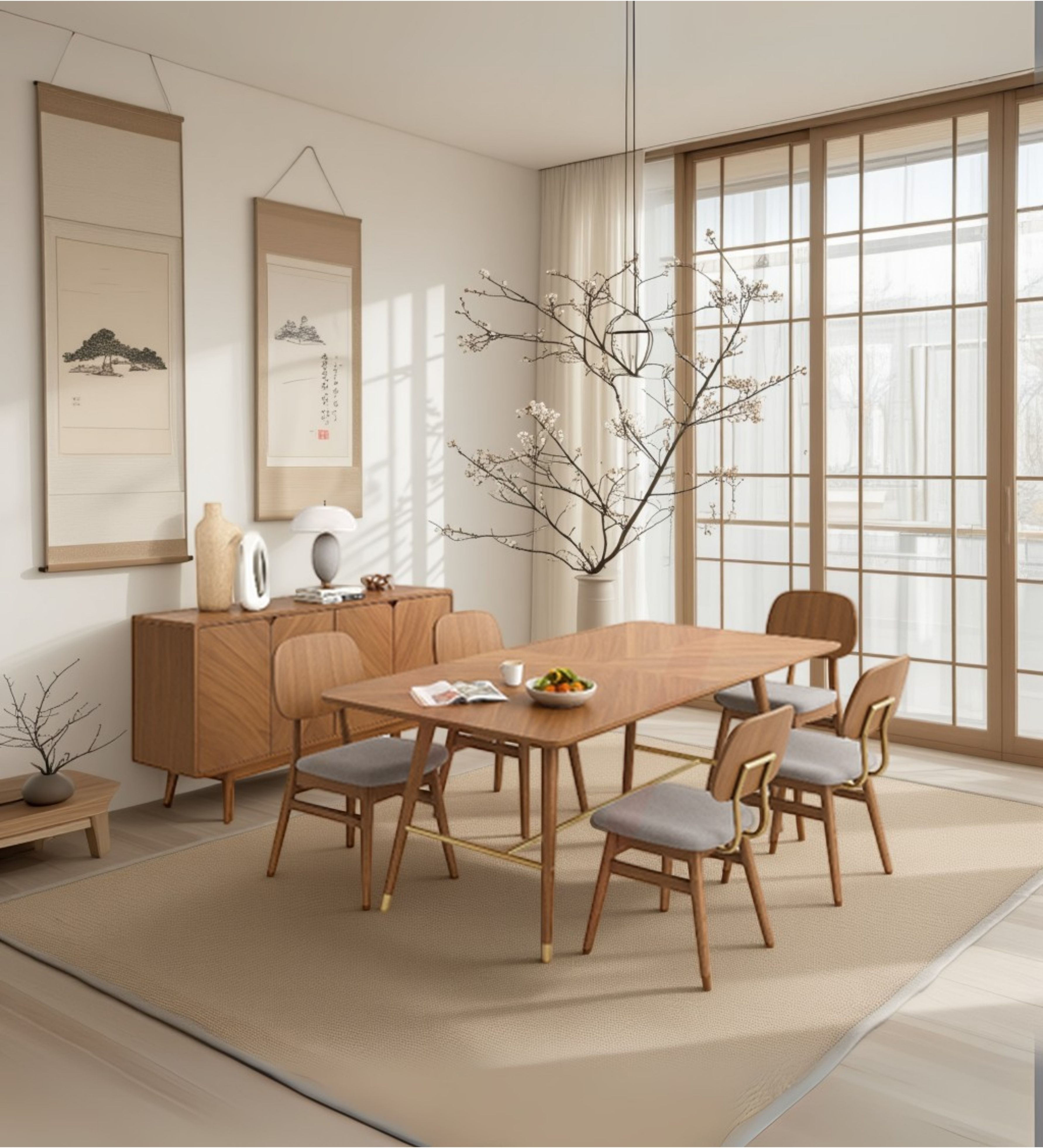 Transitional styled wooden dining table with tapered legs, matched with slim wooden chairs and light upholstered seating