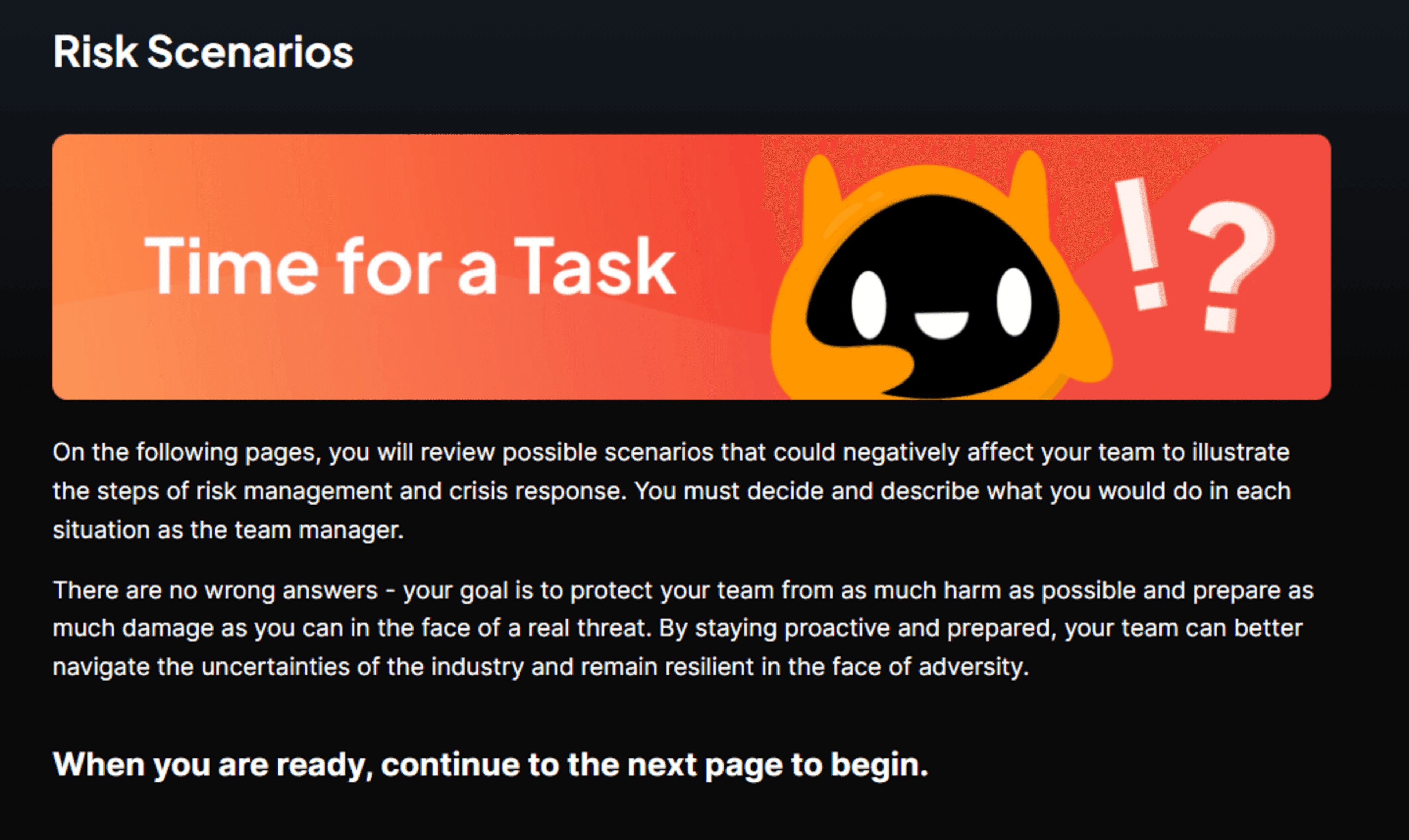 Activity page on risk management for strategic thinking in esports with 'Time for a Task' prompt and mascot bob graphic