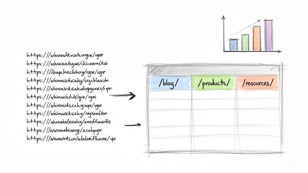 Diagram showing website URLs being categorized into blog, products, and resources, with a bar chart indicating growth.