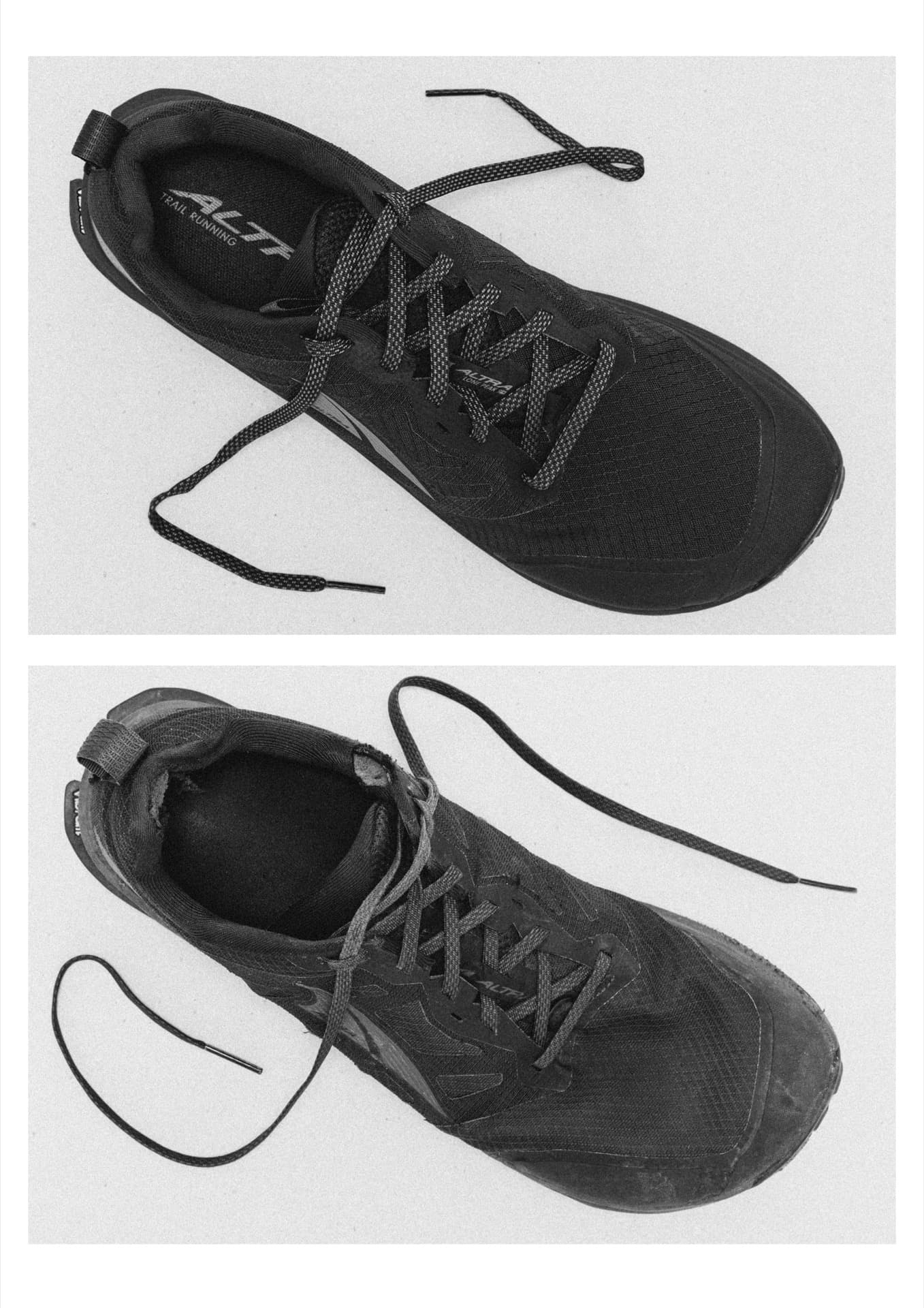 Worn black Altra Trail Running shoes with untied laces viewed from above showing deterioration