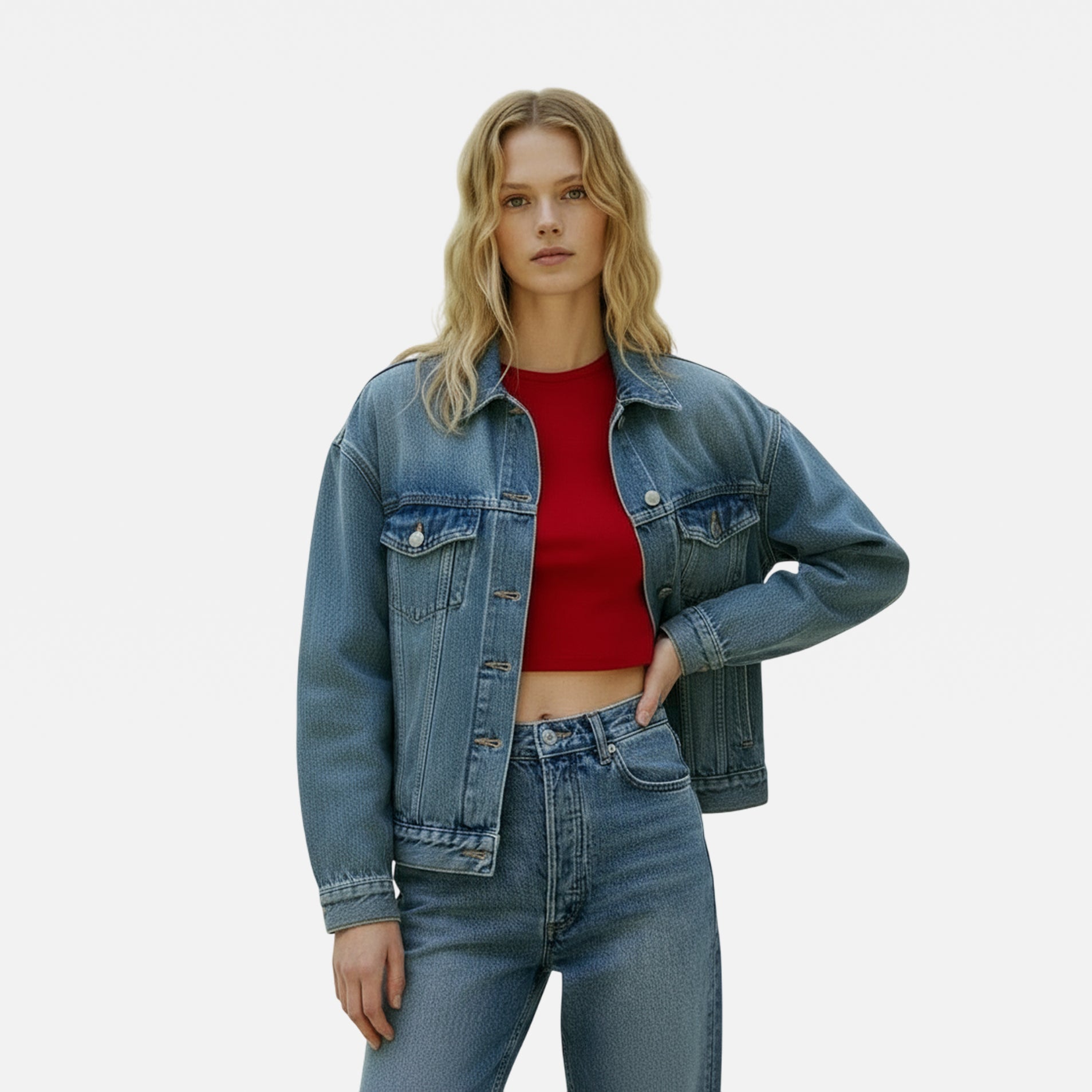 Woman wearing a blue denim jacket and jeans