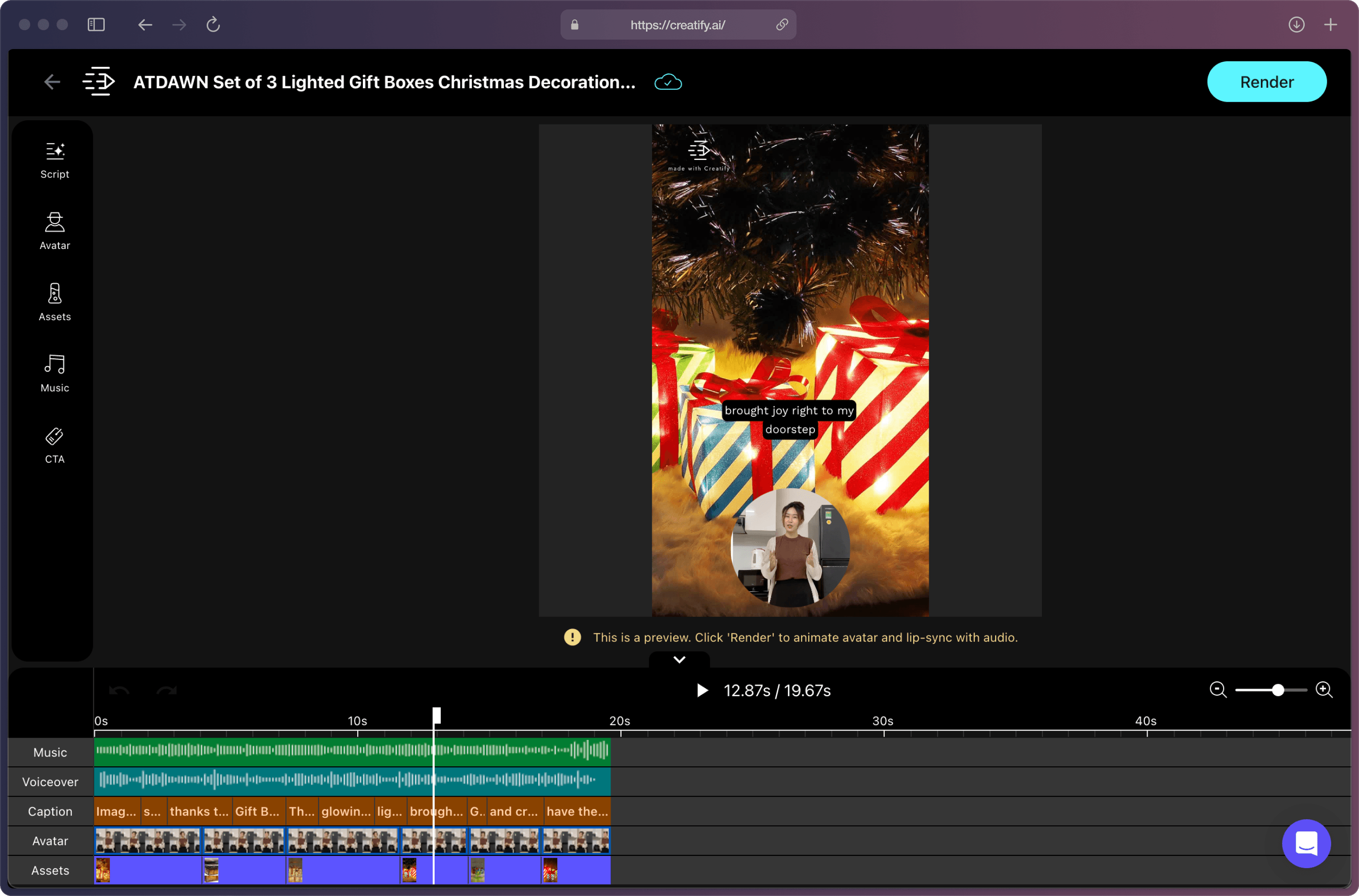 A screenshot of Creatify AI app on the “Edit” page with the video preview in the middle, several functions on the left, and an editing timeline on the bottom.