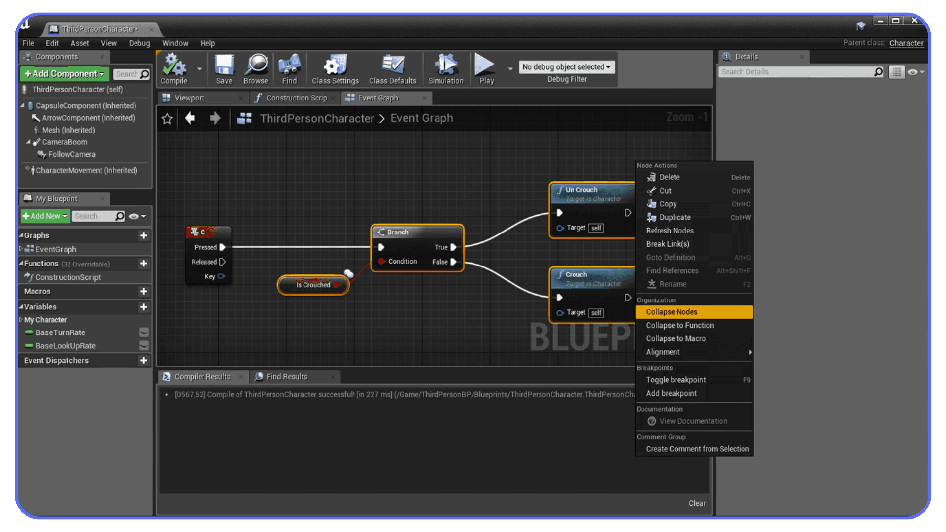 Blueprint event graph showing crouch and uncrouch logic in Unreal Engine