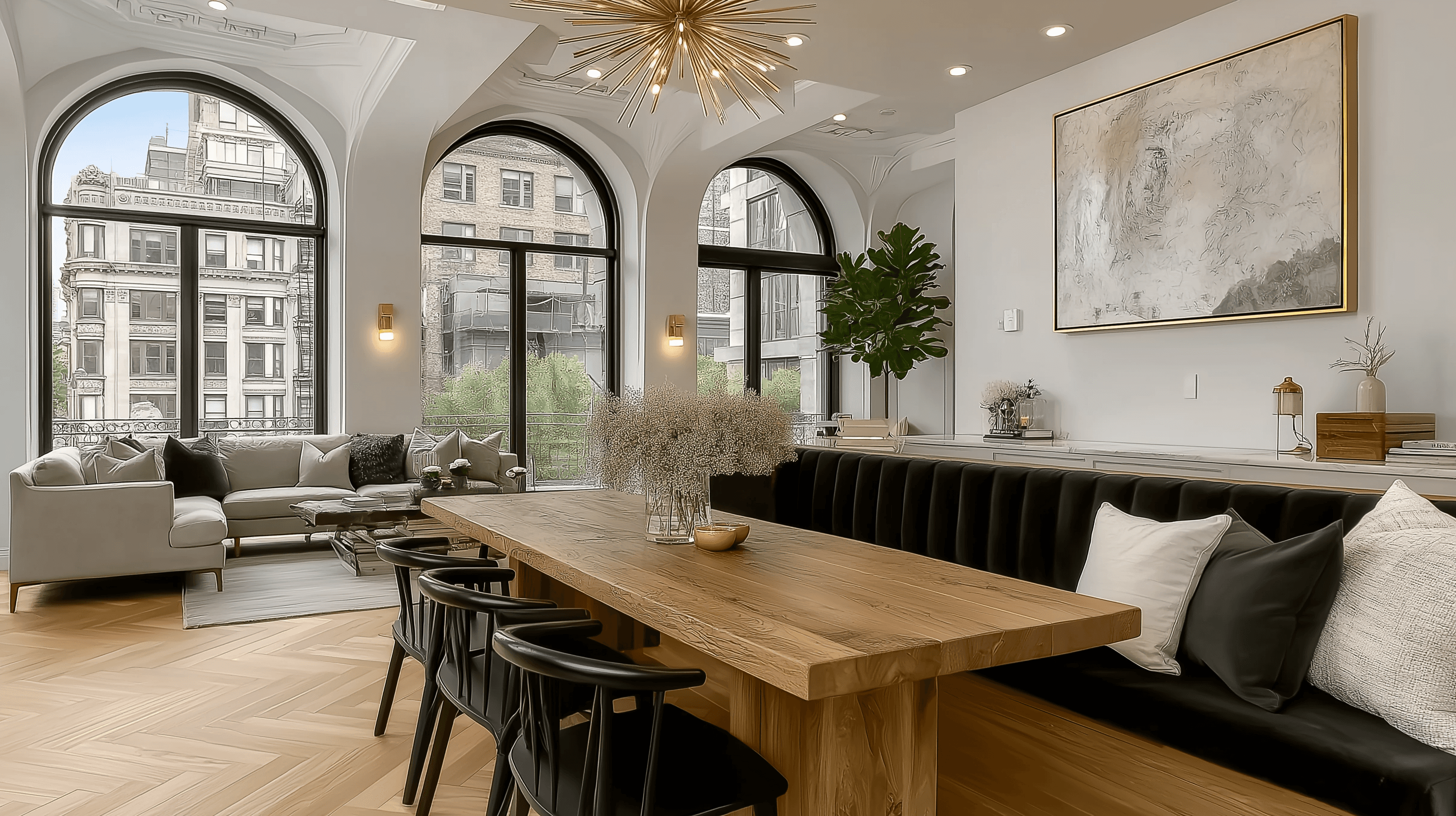 Elegant open-concept dining and living space featuring a long wooden table, black arched windows, a starburst chandelier, and herringbone wood floors.