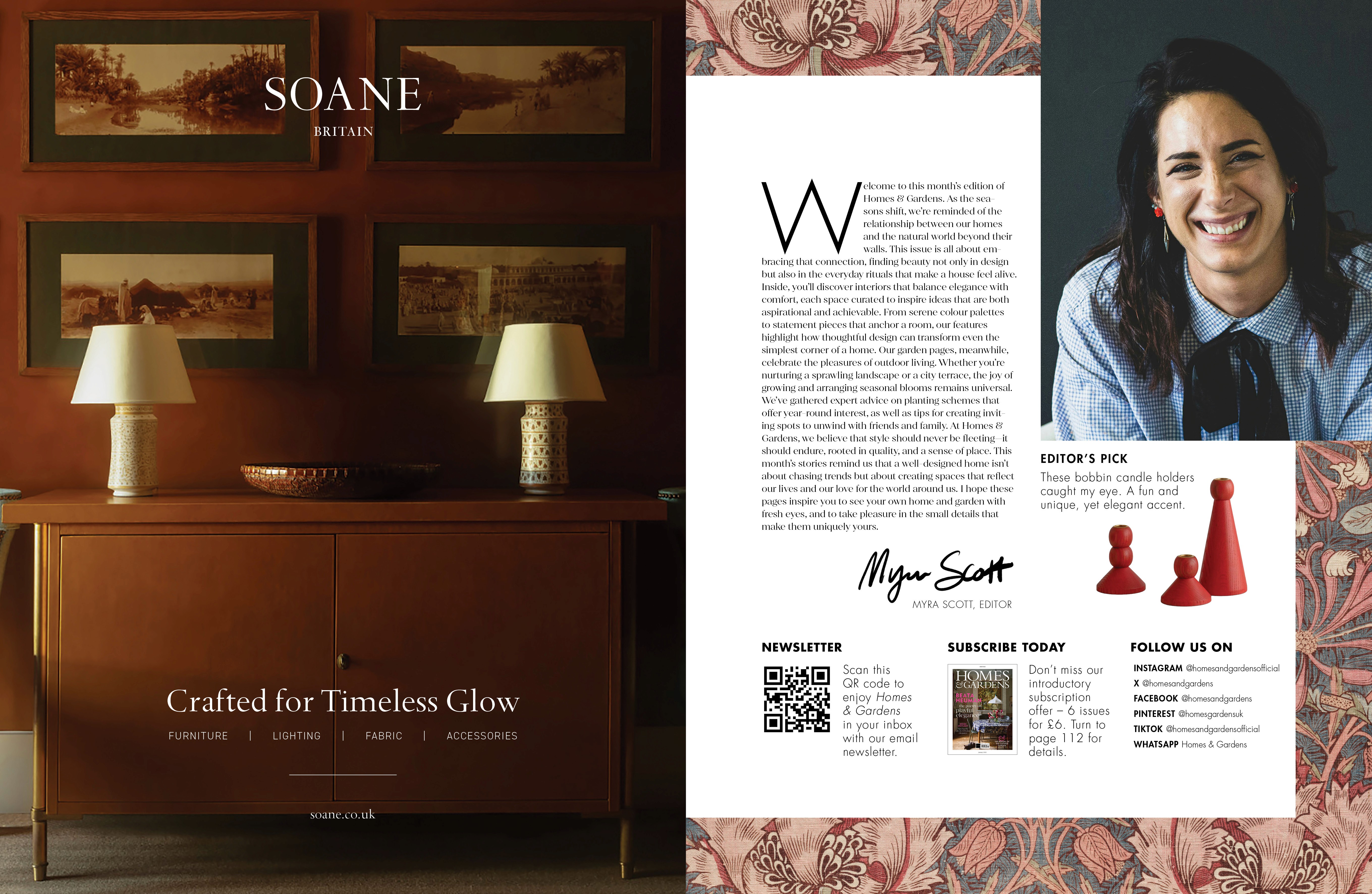 Magazine spread with advertisement and letter from the editor