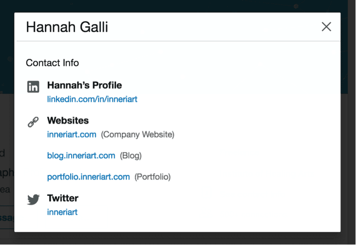 Contact info box for Hannah Galli shows links to LinkedIn (linkedin.com/in/inneriart), three websites: inneriart.com, blog.inneriart.com, and portfolio.inneriart.com, and a Twitter handle: @inneriart.